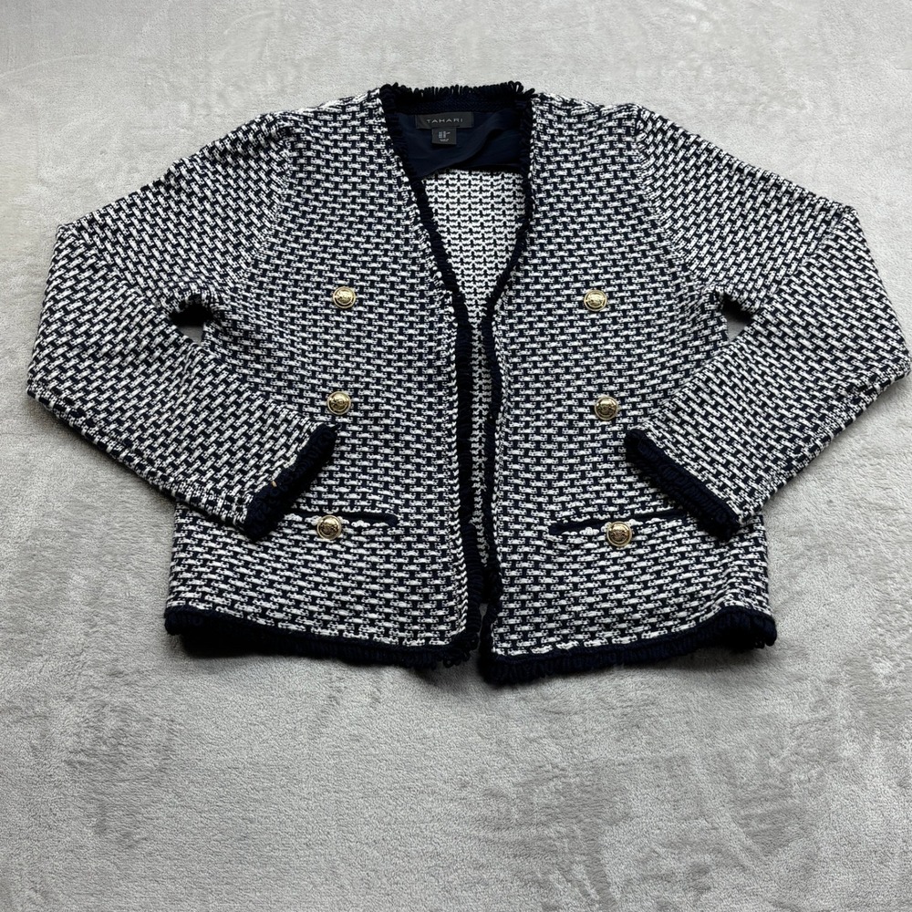 Tahari Cardigan Sweater Women XL Navy Blue White Basketweave Gold Button Fringe